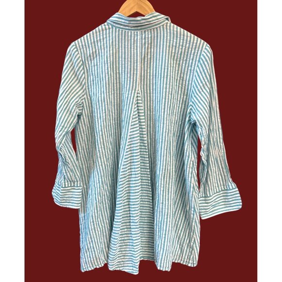 Habitat Green White Hi Low Stripe Button Front Roll Tab Sleeve Shirt Coastal - Picture 4 of 6